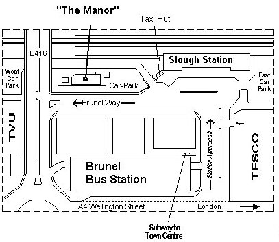 Detail map showing location of The Manor, relative to Slough Railway Station.