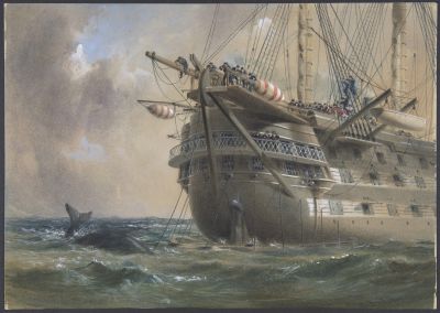 Sailing warship laying a cable