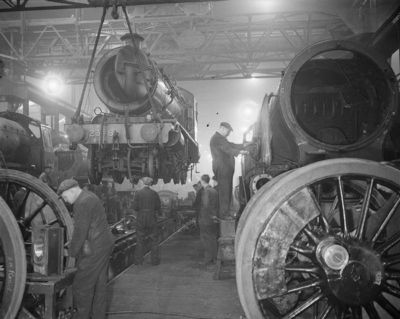 Interior of steam locomotive erecting shop