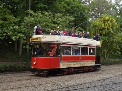 Open top double-decker tram at Crich Museum