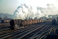 Q1 steam locomotive on a van train