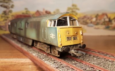 heavily weathered 00-gauge model of a Western Class diesel-hydraulic locomotive