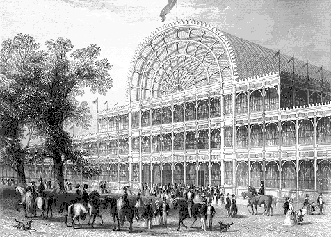 Contemporary engraving of the Crystal Palace in Hyde Park, showing the complex iron and glass form of the arched roof, with a crowd of gentry, many on horseback, in the foreground..