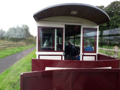 Riding on the 3ft narrow gauge Giant's Causeway & Bushmills Railway, County Antrim, Northern Ireland. This 2010-built DMU aims to recreate the experience of the original 1833 Giant's Causeway Railway. – Peter Latham View from on board the Victorian-style diesel multiple unit coaches on the Giant's Causeway & Bushmills Railway.