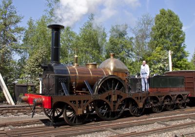 Replica broad gauge 2-2-2 locomotive 'Fire Fly', in steam at Didcot Railway Centre
