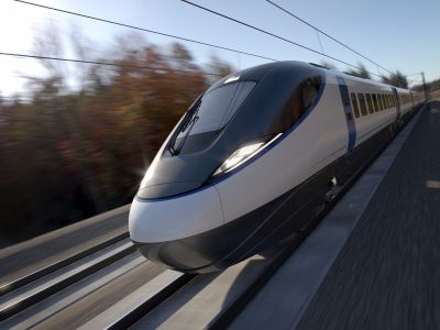 Artist's impression of the highly streamlined high speed passenger train for HS2 to be built by a Hitachi and Alstom joint venture.