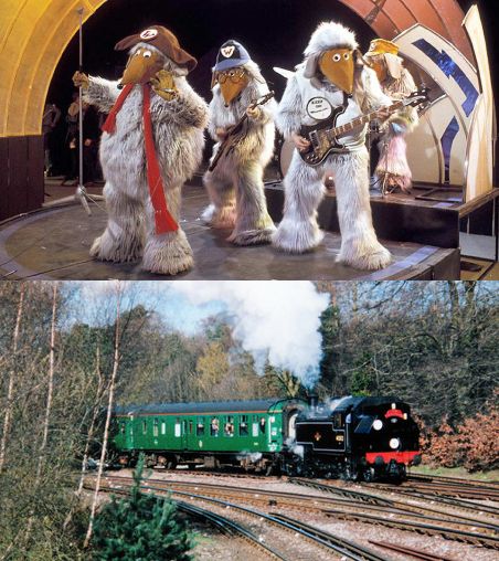 Two pictures - Above: The Wombles pop group on Top of The Pops. Below: A British Railways steam locomotive (LMS Ivatt Class 2 2-6-2T) hauling a passenger train along a tree-lined track.