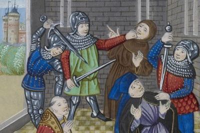 A coloured illustration from a medieval text showing a room in a stone castle. Three sword-wielding soldiers, wearing armour made of leather and chain-mail, are attacking three robed figures: a monk, an archbishop, and a nobleman.