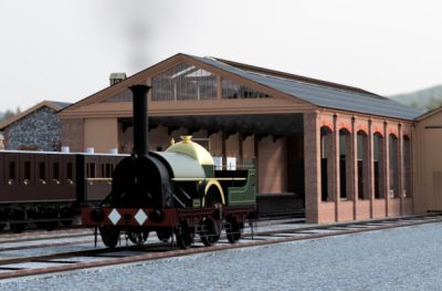 Computer render of the original broad gauge High Wycombe station – (David Lane) Computer-generated image of a Broad Gauge station train shed, with a broad gauge steam locomotive in front