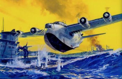 The Sunderland and the fight against the submarine. Painting of a Sunderland Flying Boat attacking a submarine on the surface of a rough sea