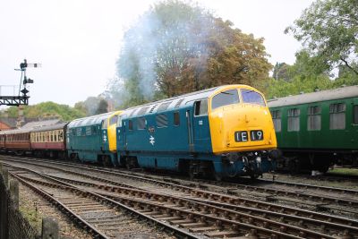 Resplendent in BR Rail Blue livery, Class 42 'Warships' D821 'Greyhound' and D832 'Onslaught' double-heading at Bridgnorth on the Severn Valley Railway during the 2023 Autumn Diesel Gala. This event will feature in one of tonight's videos. – 28 September 2023 (Shaun Bradbury) Two heritage diesel locomotives, freshly painted in British Rail's corporate Rail Blue livery, pulling away from a preserved station. The Warship locomotives are hauling a passenger train of 1950s-vintage coaching stock. The rural nature of the heritage railway is emphasised by the line of trees behind the train.