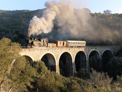 Preserved 2-6-2T locomotive FCS 400 on the viaduct near Belvi-Aritzo, Sardinia, Italy. (Manfred Kopka – 8 December 2015 – via Wikimedia Commons) Leaving a smoky trail behind it, a small steam locomotive hauls a short mixed train across a stone viaduct spanning a steeply wooded valley.