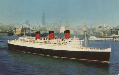 Archive shot of the Queen Mary setting off from New York Harbour (from a colour post card).