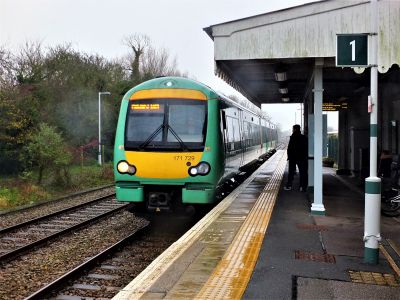 Southern Class 171 2-car DMU, set no. 171 729, calls at Appledore in 2022 working between Ashford - Hastings - Eastbourne. Photo: Dick Crane A modern diesel multiple unit calls at an almost-deserted rural railway station.