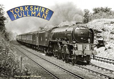 A named LNER 4-6-2 locomotive, in British Railways livery, draws a Pullman passenger train through a rocky three-track cutting.