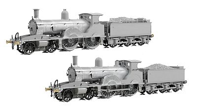 Two slightly different and undecorated pre-production samples of a model LSWR Adams T3 4-4-0 locomotive