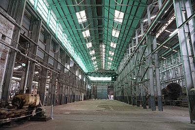 Interior of a vast WW2 machine shop