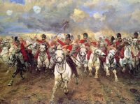 'Scotland Forever!' – the charge of the Royal Scots Greys at the Battle of Waterloo, 18 June 1815 (detail of painting by Lady Butler) Painting: 'Scotland Forever!' the charge of the Royal Scots Greys