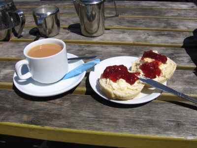 Cup of tea and scones with jam and cream