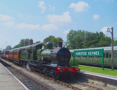 GWR 4-4-0 Dukedog on mixed train at Horsted Keynes station