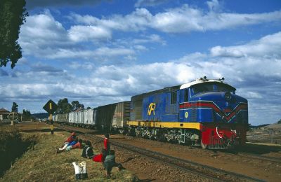 Diesel-hauled train of bogie box vans, crossing the equator!
